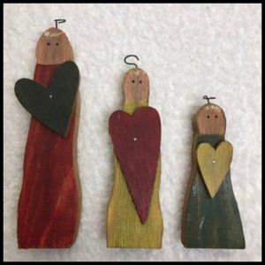 Set of 3 Rustic Hand Crafted Angels with Hearts